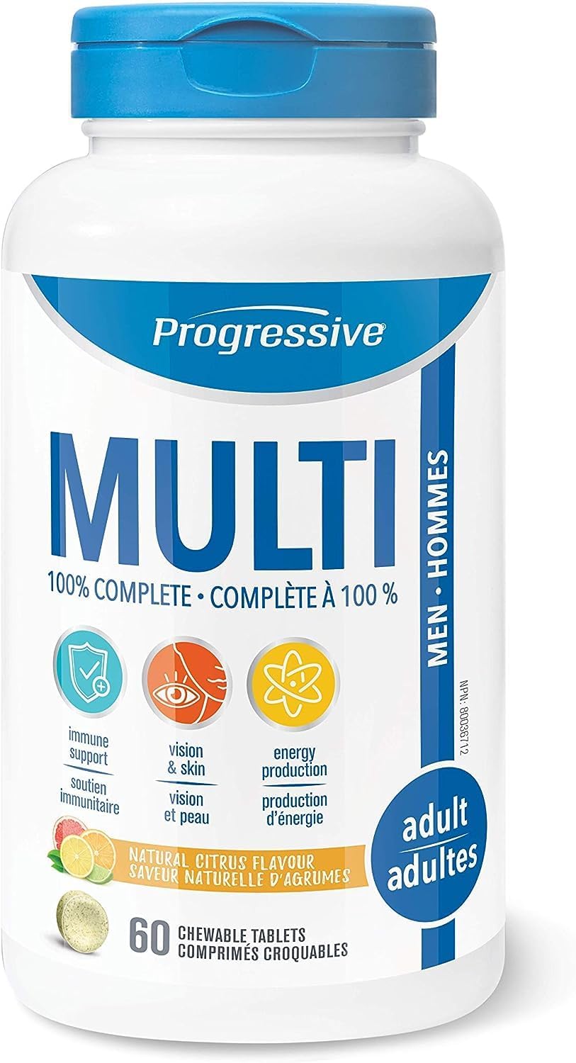 Progressive 成人复合维生素（男士适用）- 60 片咀嚼片 | 成分：山楂、银杏、辅酶 Q10、蒺藜、玛卡、维生素 K2、柠檬酸矿物质和谷胱甘肽