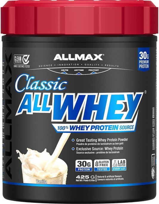 ALLMAX Nutrition ALLWHEY 经典优质乳清蛋白粉，香草味 - 425克 - 每份含30克蛋白质，无麸质，低糖，经实验室测试，9份