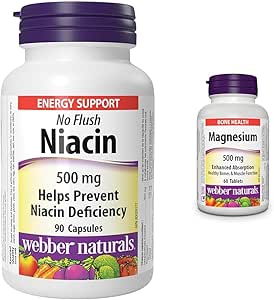 Webber Naturals Niacin 500 mg, 90 Capsules, No Flush, Vitamin B3 Supplement & Magnesium 500 mg, 60 Tablets, Enhanced Absorption Mineral, Supports Bone and Muscle Functions, Vegan