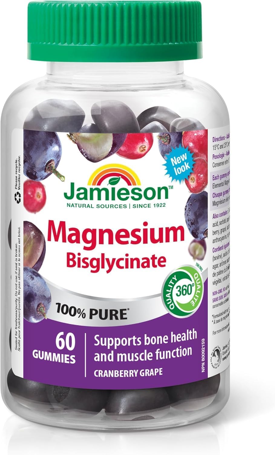 Jamieson 100% 純雙甘氨酸鎂 20 毫克軟糖蔓越莓葡萄口味，非混合，不含氧化鎂，支持骨骼發育和肌肉功能，電解質來源，不含人工色素、香精等…