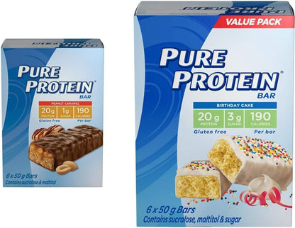 Pure Protein Bars - Nutritious Gluten Free Protein Bars (Chocolate Peanut Caramel + Birthday Cake) (Pack of 12)