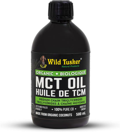 Wild Tusker 有機優質 MCT 油（分餾椰子油），100% C8 辛酸，500 毫升 | 非基因，冷壓，不含任何化學物質 | 生酮友好，猶太潔食認證，素食