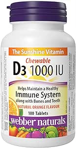 Webber Naturals 維生素 D3 1000 IU，180 片橙味咀嚼片，有助於骨骼和牙齒健康，維持身體健康