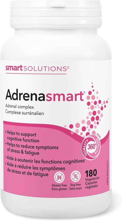 Smart Solutions Adrenasmart 素食胶囊，缓解压力症状，增强认知耐力和功能，并减轻疲劳。含 100 毫克红景天，不含麸质、大豆、人工防腐剂或甜味剂……