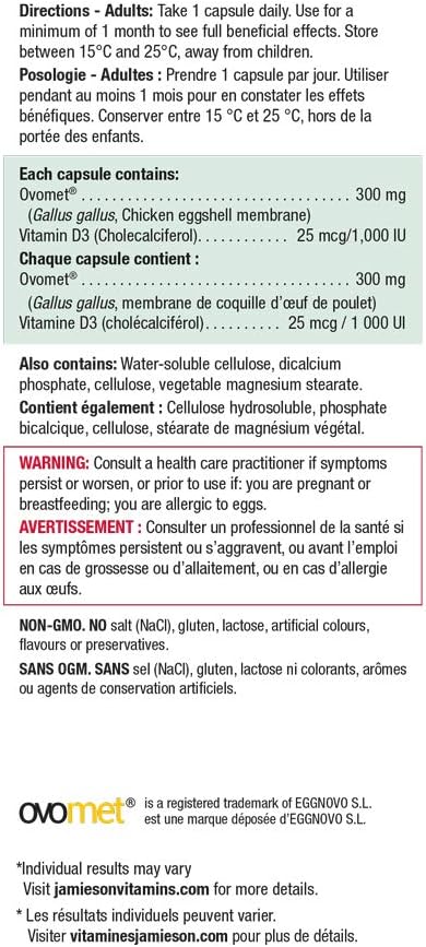 Jamieson 关节舒缓胶囊，天然蛋壳膜，经临床研究成分，含维生素 D。支持骨骼健康、僵硬，并在 5 天内缓解关节疼痛，非转基因，无麸质，30 粒，加拿大制造