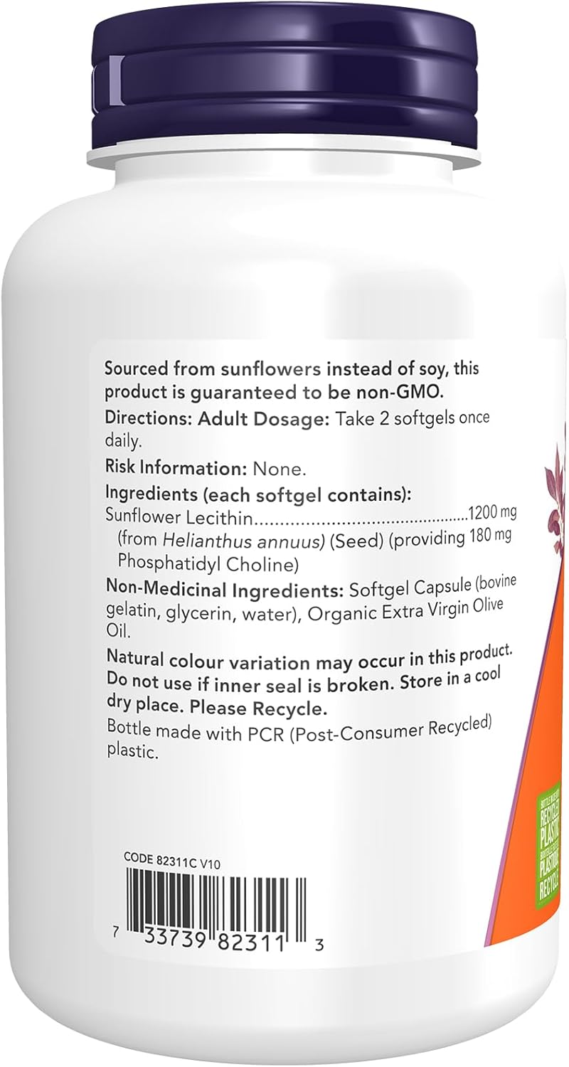 NOW Supplements, Sunflower Lecithin 1200 mg with Phosphatidyl Choline, 100 Softgels