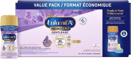 Enfamil A+ NeuroPro Gentlease 嬰兒配方即食奶瓶，含促進大腦發育的 DHA，0-12 個月，18 x 237 毫升