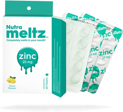 Nutrameltz 鋅 25 毫克補充劑 – 膳食免疫支持補充劑，促進健康的頭髮和指甲，促進新陳代謝調節 - 快速溶解 – 令人垂涎的檸檬味（60 片）