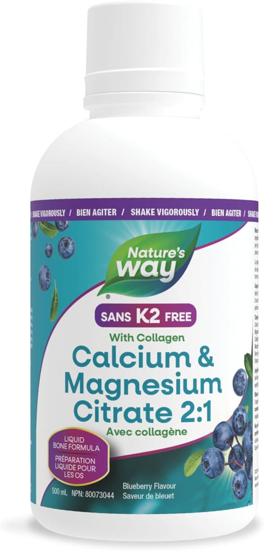 Nature's Way 檸檬酸鈣鎂 2:1 液體補充劑，含維生素 D3 和膠原蛋白，有助於維持骨骼和牙齒健康，不含維生素 K2，藍莓味，500 毫升