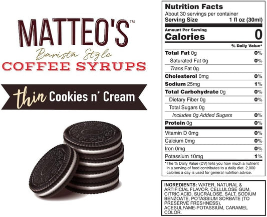 Matteo's Barista 风格无糖咖啡糖浆，曲奇奶油口味，零卡路里和糖，适合生酮饮食，适合拿铁、卡布奇诺、浓缩咖啡、美式咖啡，口感浓郁，25.4 盎司 1 包