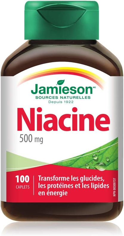 Jamieson 菸鹼酸 500 毫克膠囊，補充維生素 B3，促進能量生成和新陳代謝。素食，無麩質，不含人工色素、香精或防腐劑，100 粒裝，加拿大製造
