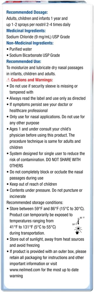 NeilMed NasaMist 生理盐水喷雾 177 毫升。全天然 pH 平衡缓冲溶液 - 采用特殊设计的喷嘴，舒缓、保湿、清洁肌肤。内含 3 罐