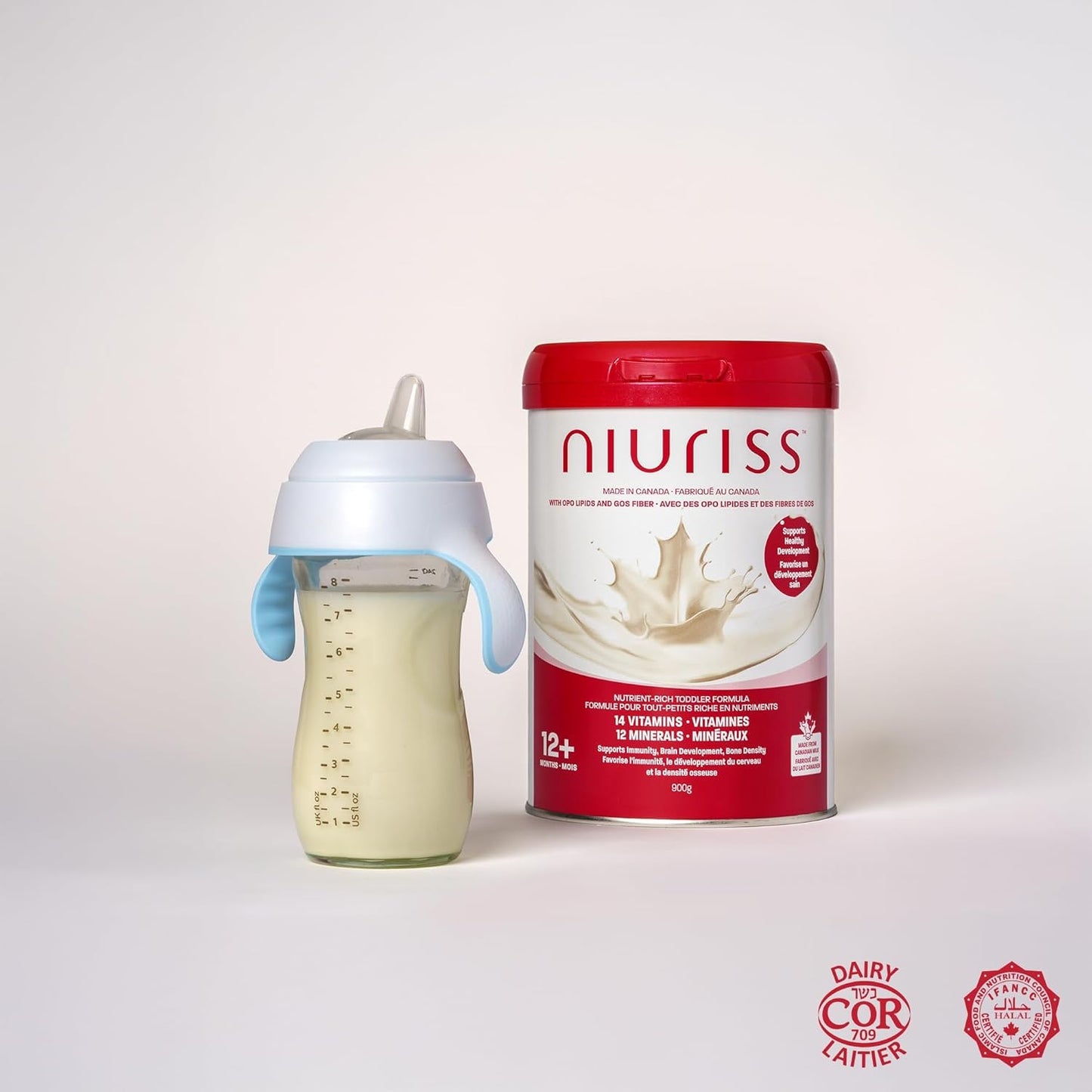 NIURISS Toddler Formula - With 27 micronutrients, OPO Lipids and GOS fiber. Toddler formula made in Canada from Canadian milk - Certified Kosher and Halal - 12-36 mo. 900g