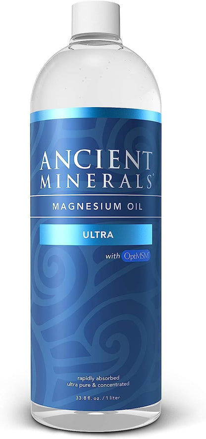 Ancient Minerals 镁油喷雾 ULTRA，含 MSM - 纯 Zechstein 外用氯化镁补充剂，添加 OptiMSM 功效 - 补充装 33.8 盎司（1 升）