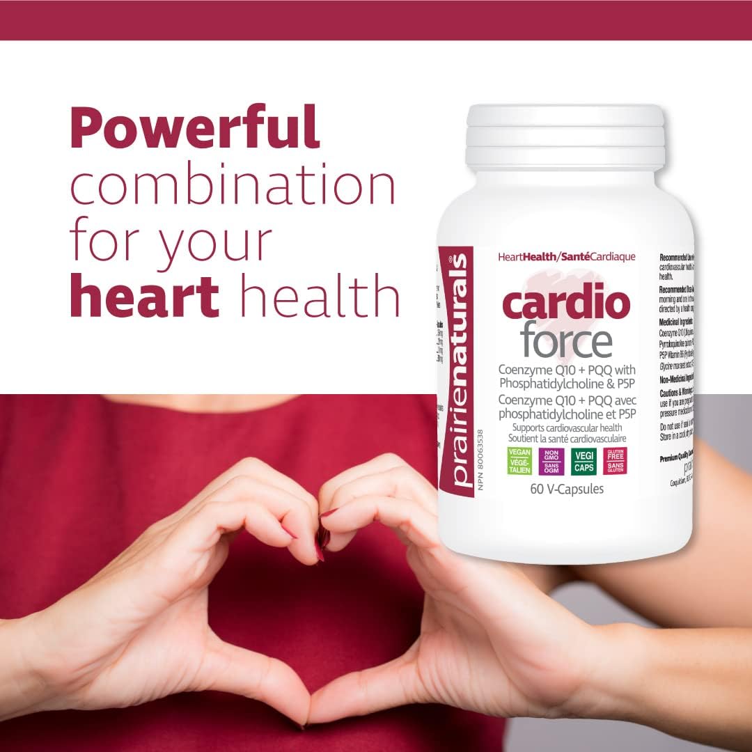 Prairie Naturals Cardio-Force 60 Vegan Capsules, Cardio Health, Mitochondrial Support, CoQ10 and PQQ, improve energy to heart muscle, P-5-P active vitamin B6, Phosphatidylcholine helps with absorption of CoQ10, support c…