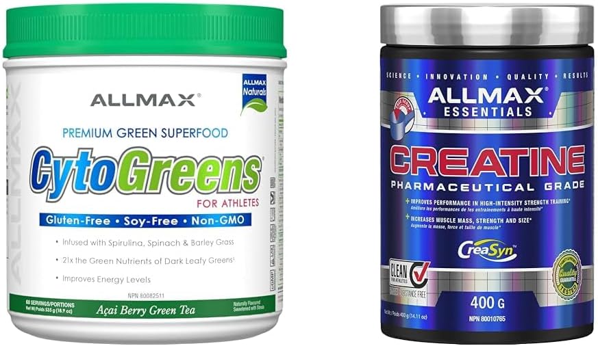 CytoGreens - 巴西莓綠茶 - 60 份，535 克 & ALLMAX Nutrition - 肌​​肉一水合物，微粉化肌酸粉，用於力量和肌肉恢復，無麩質且快速吸收 400 克
