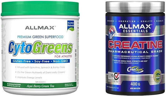 CytoGreens - 巴西莓綠茶 - 60 份，535 克 & ALLMAX Nutrition - 肌​​肉一水合物，微粉化肌酸粉，用於力量和肌肉恢復，無麩質且快速吸收 400 克