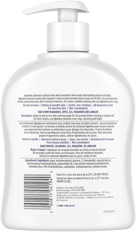 Spectro Facial Cleanser for Blemish Prone Skin, Fragrance and Dye Free, Pump Dispenser, 500 mL