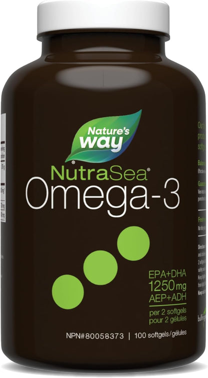 Nature's Way NutraSea Omega 3 軟膠囊 – 1250 毫克 EPA + DHA - 心血管和大腦健康 - Omega 3 魚油補充劑 - 清新薄荷味，100 粒軟膠囊