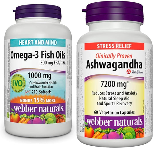 Webber Naturals Omega-3 魚油 1,000 毫克，210 粒軟膠囊，支持心血管健康和大腦健康；南非醉茄 7200 毫克，60 粒膠囊，有機且經臨床驗證的 KSM-66 南非醉茄