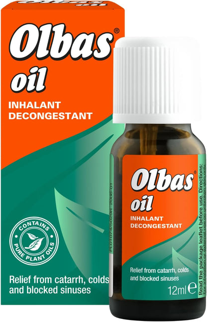 Olbas Oil 天然吸入减充血油，含白千层、丁香、桉树、薄荷醇、薄荷和薄荷 - 快速缓解感冒和鼻塞 - 12 毫升