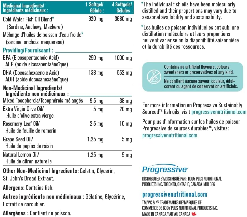 Progressive OmegEssential Adult Fish Oil Supplement - 1000 mg EPA + 550 mg DHA for Adults, 120 Softgels | All natural, cold water, wild caught