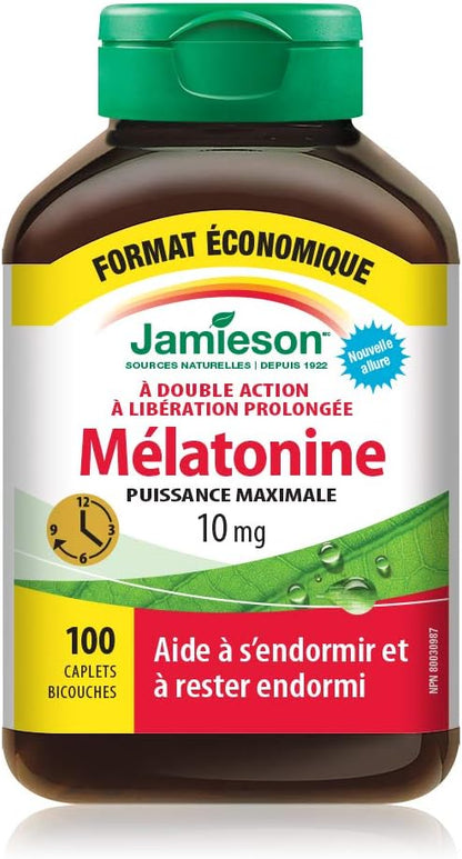 Jamieson 褪黑素 10 毫克，強效雙效緩釋，改善睡眠品質和持續時間，幫助重置睡眠-覺醒週期。素食，無麩質，100 粒雙層膠囊，加拿大製造