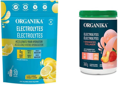 Organika Electrolytes Powder- Classic Lemonade Sachets- 3.5g x 30 sachets & Electrolytes + Enhanced Collagen- Strawberry Peach Flavour- Sugar-Free Hydration + Protein 360 gram - 30 Servings