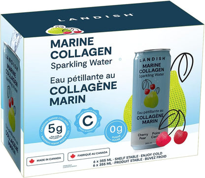 Landish Marine Collagen Sparkling Water Drink - Cherry Pear Flavour - 5 g Wild Canadian Marine Collagen - 0 g Sugar - 355 ml (6-Pack)