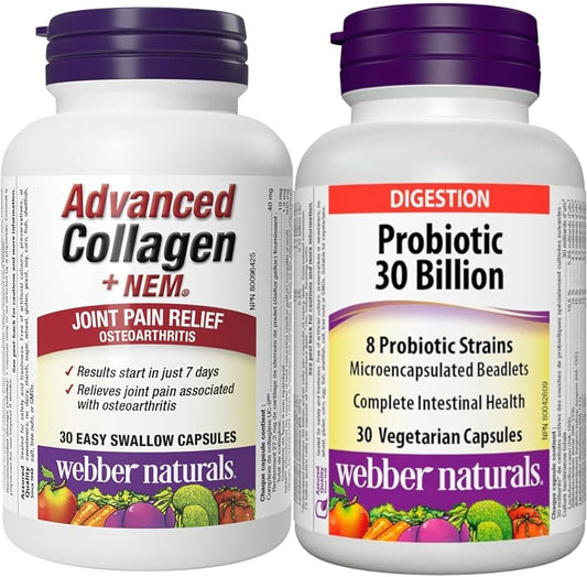 Webber Naturals 高級膠原蛋白，含天然蛋殼膜 (NEM) 和益生菌，300 億活性細胞，8 種益生菌菌株，30 粒膠囊，促進消化健康，素食