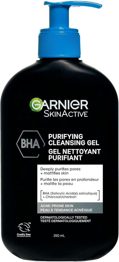 Garnier BHA Purifying Cleansing Gel with Salicylic Acid & Charcoal, Deep Pore Cleansing & Mattifying Skin Gel 250 ml