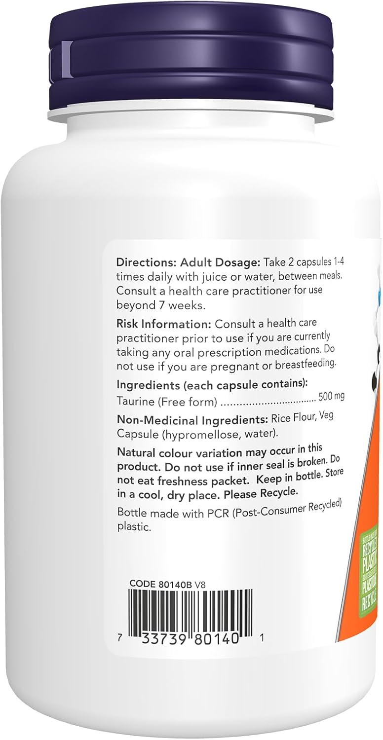 NOW Supplements，牛磺酸 500 毫克，神經系統健康，胺基酸，100 粒素食膠囊