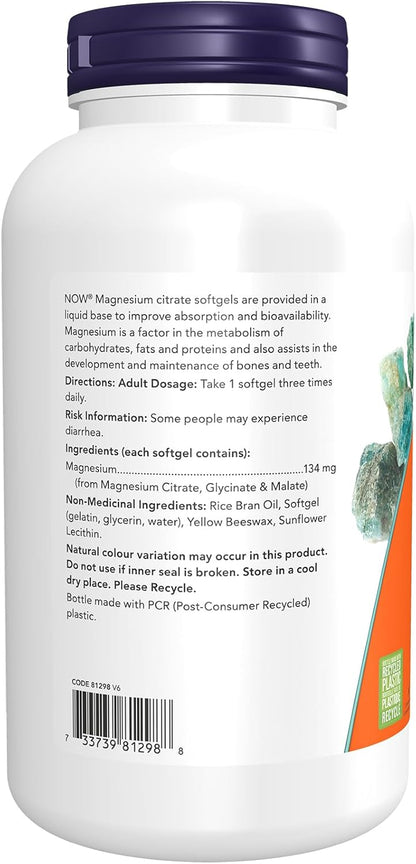 NOW Supplements, 檸檬酸鎂，含甘氨酸鹽和蘋果酸鹽，神經系統支持，180 粒軟膠囊