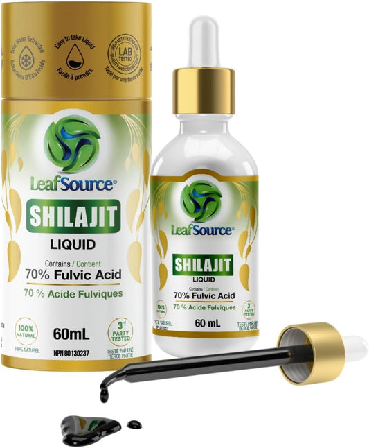 LeafSource SHILAJIT 液體 2 盎司（60 毫升），加拿大製造，70% 黃腐酸，支持骨骼健康和免疫系統，100% 純天然，無味且快速吸收，適用於男性和女性