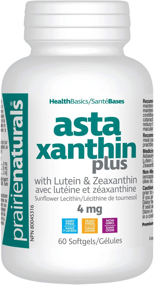 Prairie Naturals Astaxanthin Plus 4mg Astaxanthin, Lutein & Zeaxanthin Softgel helps to maintain eyesight, prevent cataracts and age-related macular degeneration, reduces the risk of developing cataracts, improves macula…