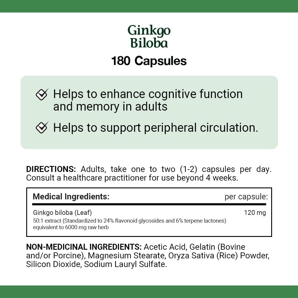 自然之宝银杏叶胶囊，120 毫克，超值装，有助于增强认知功能，有助于支持外周循环，成人适用，180 粒