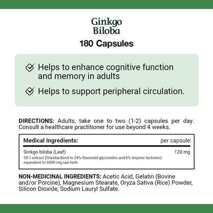 自然之宝银杏叶胶囊，120 毫克，超值装，有助于增强认知功能，有助于支持外周循环，成人适用，180 粒