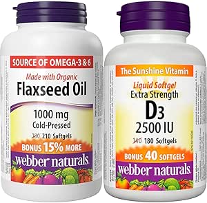 Webber Naturals 亚麻籽油 1000毫克，210粒软胶囊，植物来源Omega-3脂肪酸，有益心脏和大脑健康； Webber Naturals 维生素D3 2500 IU 特强型，180粒软胶囊，有益骨骼和牙齿健康。