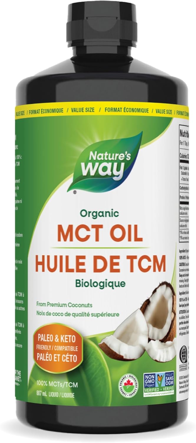Nature's Way 100% 純正 MCT 椰子油 – 每份含 14 克 MCT – 原始人飲食和生酮飲食友好 – 有機認證 – 非基因改造項目認證 – 素食、無麩質、無味 – 無填充油 – 887 毫升，超值裝