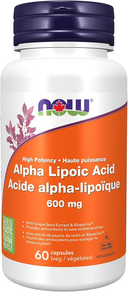 NOW Supplements, α-硫辛酸 600 毫克，含葡萄籽萃取物和胡椒鹼，強效，60 粒素食膠囊
