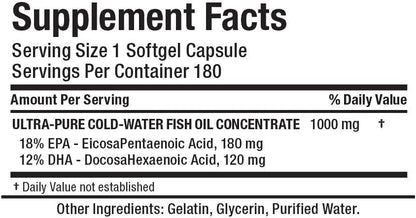 ALLMAX Nutrition Omega 3 超纯冷水鱼油浓缩物，180 粒软胶囊