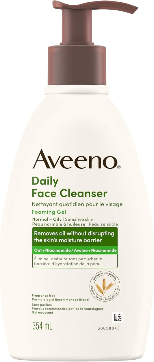 Aveeno Daily Facial Cleanser, Gentle Foaming Gel Face Wash for Normal to Oily Skin, Removes Oil Without Disrupting Skin's Moisture Barrier, Oat + Niacinamide, Fragrance Free, 354 mL