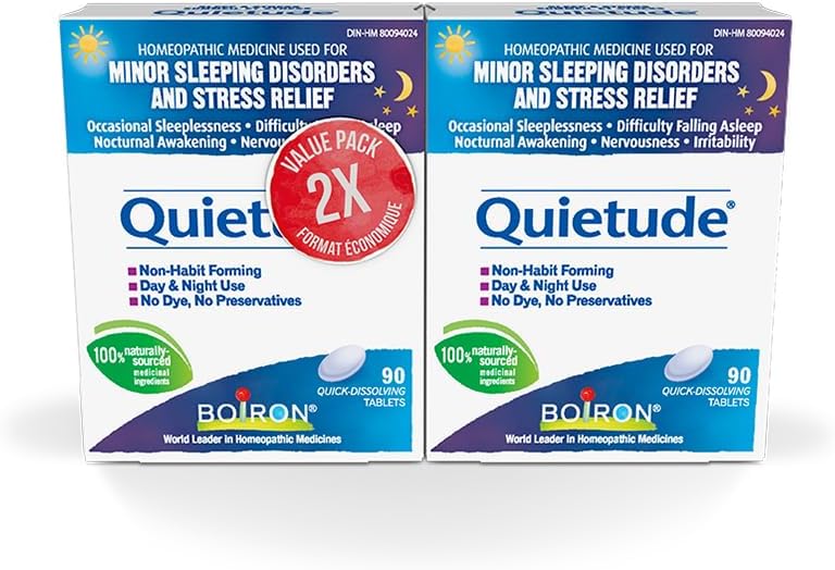 Boiron Quietude 非常适合睡眠和轻微睡眠障碍（烦躁不安、入睡困难、夜醒、偶尔失眠）以及神经紧张（过敏、烦躁）。顺势疗法药物。2盒，每盒90片。