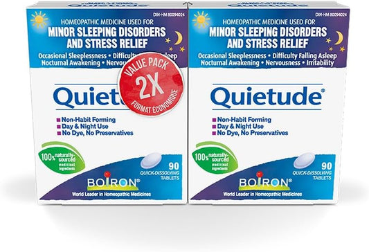 Boiron Quietude 非常适合睡眠和轻微睡眠障碍（烦躁不安、入睡困难、夜醒、偶尔失眠）以及神经紧张（过敏、烦躁）。顺势疗法药物。2盒，每盒90片。