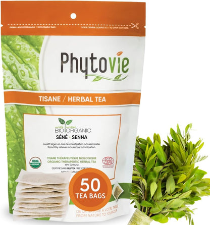 PHYTOVIE 有机番泻叶排毒茶 – 天然泻药和结肠清洁剂，方便快速缓解便秘，支持消化和肠道规律，无咖啡因草本茶，50 个茶​​包，加拿大制造 - NPN 02196212