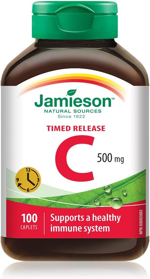 Jamieson 维生素 C 500 毫克缓释胶囊，支持免疫健康，强健牙齿和骨骼。全天缓释维生素 C，素食，无麸质，100 粒，加拿大制造