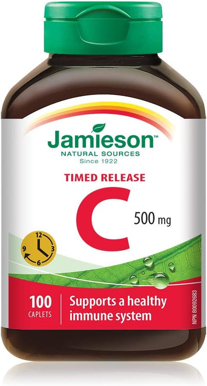 Jamieson 维生素 C 500 毫克缓释胶囊，支持免疫健康，强健牙齿和骨骼。全天缓释维生素 C，素食，无麸质，100 粒，加拿大制造