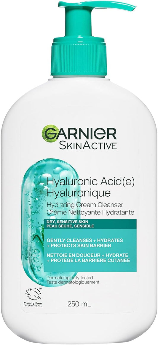 Garnier Hyaluronic Acid Cream Cleanser, Foaming Facewash and Makeup Remover, Soothes and Replumps Skin, Formulated With Aloe Vera, Dermotologically Tested, For Men and Women, 250ml