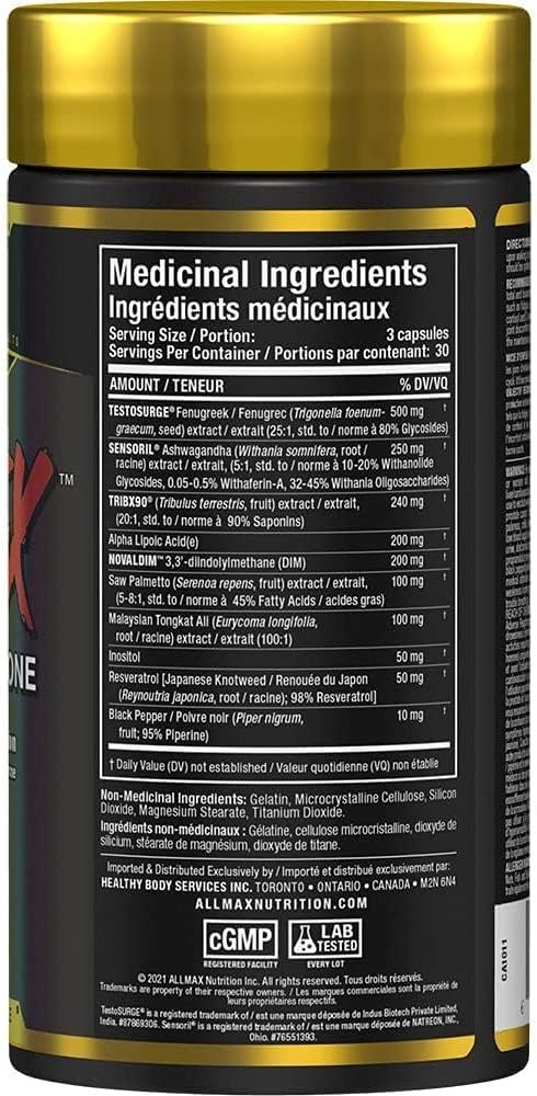 ALLMAX Nutrition TESTOFX XTREME 男性睾酮增强剂，含蒺藜、南非醉茄、东革阿里，增强力量、能量与活力，控制雌激素，90 粒胶囊（30 天用量）