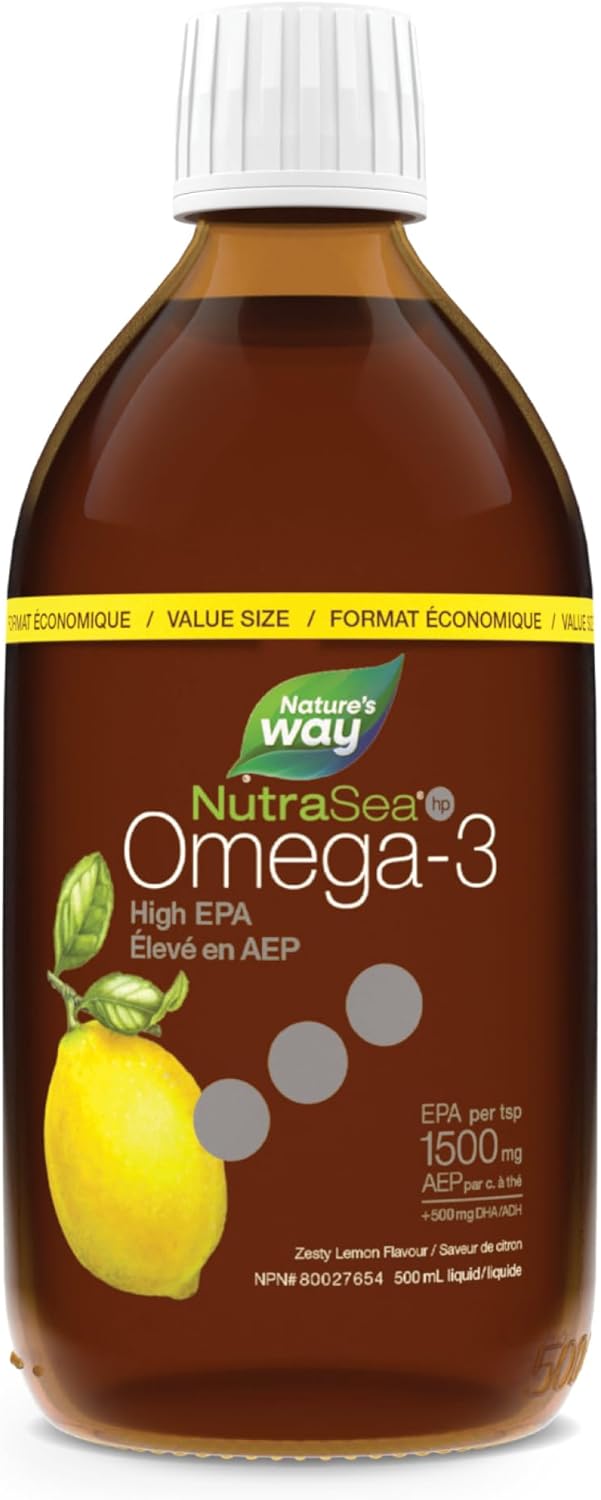 Nature's Way NutraSea hp Omega-3 高 EPA – 檸檬味 Omega-3 補充劑 – EPA 和 DHA 魚油 – 支持兒童和成人健康的心臟和大腦功能，500 毫升液體